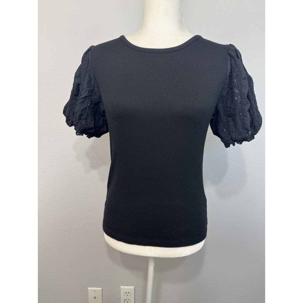 J.Crew Rib Knit Top Women's Medium Black Lace Puff Short Sleeve Crewneck Stretch